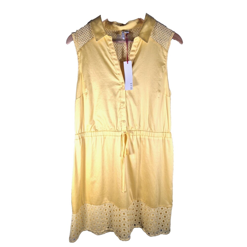 NWT ELLE LG GOLDFINCH YELLOW SLEEVELESS SHIRTDRESS WITH EYELET LACE BOTTOM